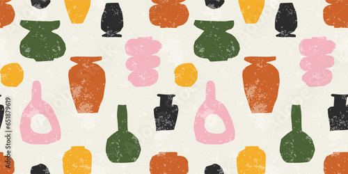 Ceramic vases seamless pattern. Abstract vases repeat background, handmade pottery wallpaper. Vector surface design in minimalist style. Modern organic shapes, cut out edgy, cute print, package paper.