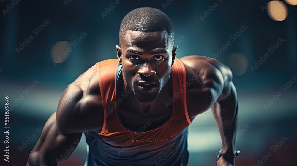 Close-up photo of an American professional sprinter running in a stadium Close-up photo of an American professional sprinter running in a stadium