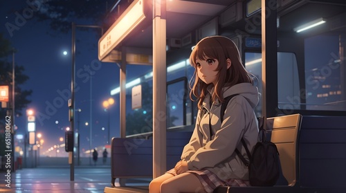バス停にてバスを待つ少女のイラスト｜Illustration of a girl waiting for a bus at a bus stop. Generative AI photo