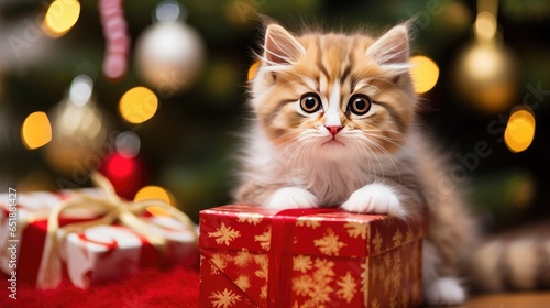 Cute kitten with Christmas gift box There is space to place text.