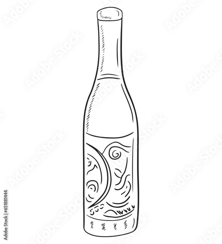 Beautiful bottle with olive oil, wine, in hand made glass isolated on white background. Hand drawn vector sketch illustration in doodle simple engraved style. Concept for food advertisement, cooking