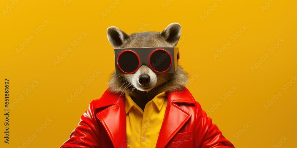 Fashionable raccoon in a red leather jacket and welder's goggles.