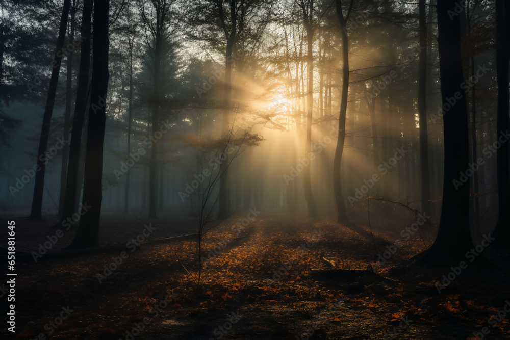 Landscape mysterious spooky misty that cover all around forest with sun behind on morning, halloween festival background. - obrazy, fototapety, plakaty 