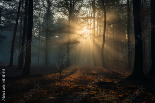 Landscape mysterious spooky misty that cover all around forest with sun behind on morning, halloween festival background. © ordinary042