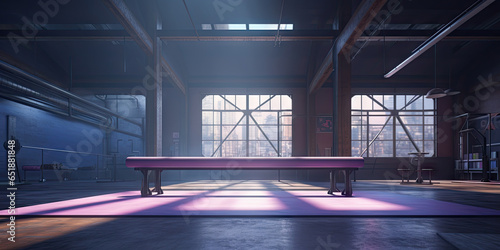 A cinematic and realistic gymnastics balance beam in a gymnastics gym