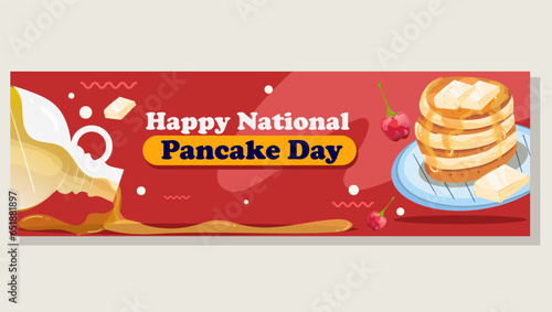 Design Banner National Pancake Day celebration. Pancakes with syrup and butter Illustration design.