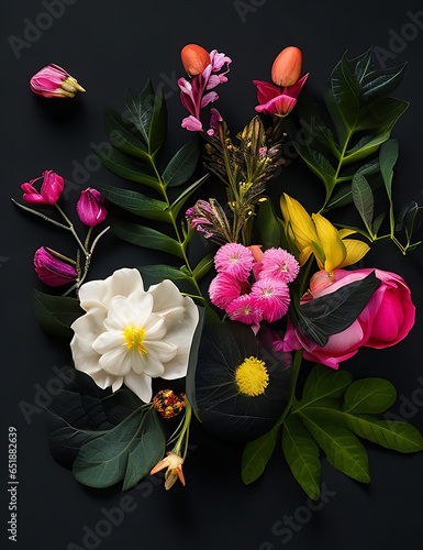 Lovely spring flowers and leaves on a black, blue, white background with negative space