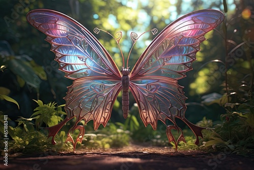 Vibrant butterfly with stunning fairy wings in magical garden. Concept of fantastical beauty and intricate design. © Postproduction
