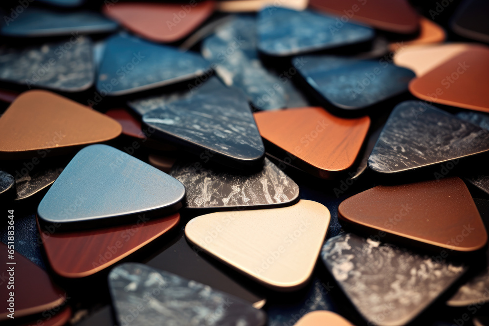 Guitar Picks' Exquisite Macro Texture: A Visual Delight of Intricate Design, Unique Patterns, and Captivating Reflections in High-Resolution Photography. Guitar Picks' Exquisite Macro Texture: A Visual Delight of Intricate Design, Unique Patterns, and Captivating Reflections in High-Resolution Photography.