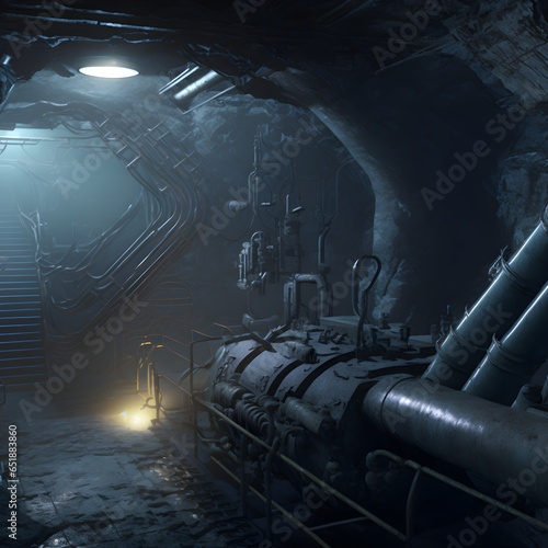 environment interior of a dark biomechanical cave in the style of German Uboat engine room 8K HD Octane Rendering Unreal Engine VRay full hd Dramatic Filmic DSLR 85mm ultra Wide Angle Shutter Speed  photo
