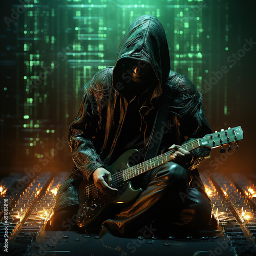 abstract dark power coming out Hooded Hacker Heavy Metal guitar player 