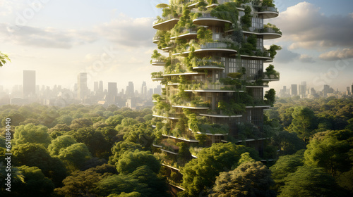 biophilic design: skyscrapper covered in greenery, futuristic photo