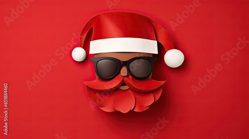 Christmas greeting card featuring a paper hipster Santa Claus beard, mustache, and Xmas hat against a backdrop in the modern paper cut style. Generative AI