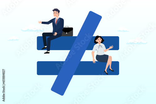 Unequal or not equal sign with businessman on top level and businesswoman on lower level, gender inequality, unequal discrimination on lady, woman such as career, work or social rights issue (Vector)