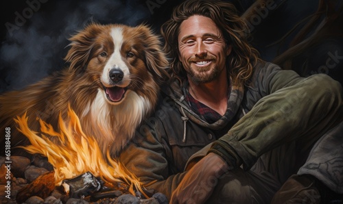 Photo of a man and his dog enjoying a cozy campfire moment © uhdenis