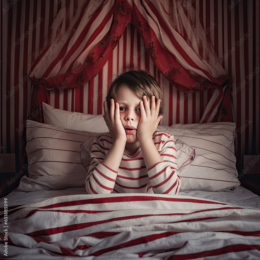 Boy in bed refusing to sleep, red interior Stock Photo Adobe Stock