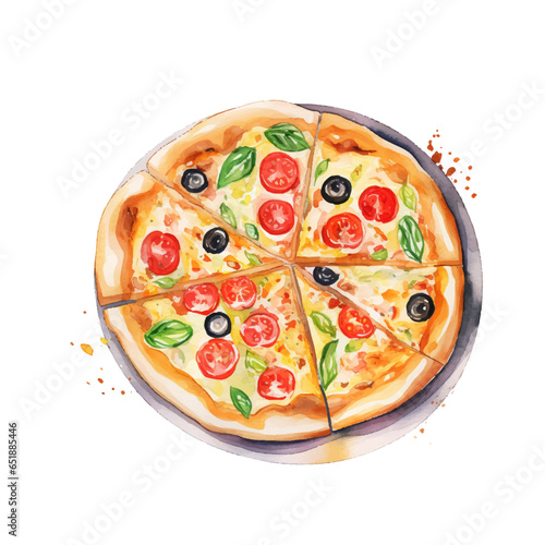 Hand drawn slice of pizza. Watercolor sketch isolated on white background. Vector illustration for food design.