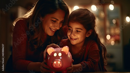 Mother and daughter holding piggy bank counting savings at night light in house