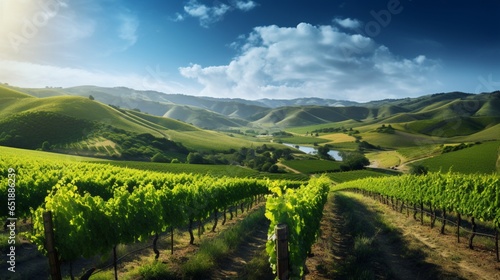 a picturesque vineyard, with rows of grapevines laden with plump, ripe grapes against a backdrop of rolling hills