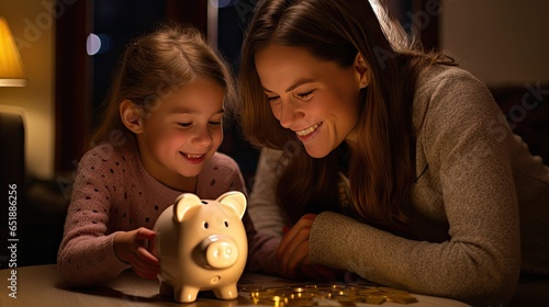 Mother and daughter holding piggy bank counting savings at night light in house