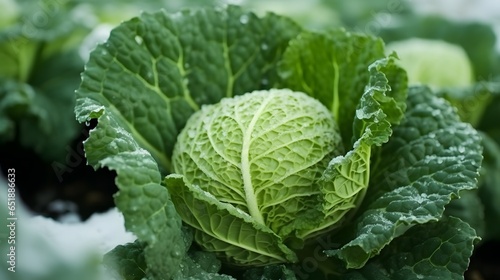 Savoy cabbage vegetable winter field snow covered frost bio detail leaves leaf heads Brassica oleracea sabauda close-up land root crop farm plantation farming harvest cultivated garden