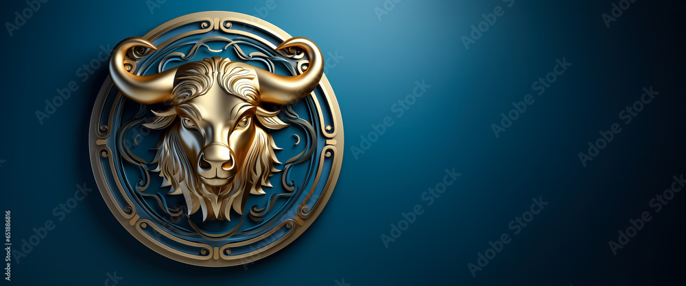 Golden Taurus symbol embossed isolated on a gradient celestial blue background 