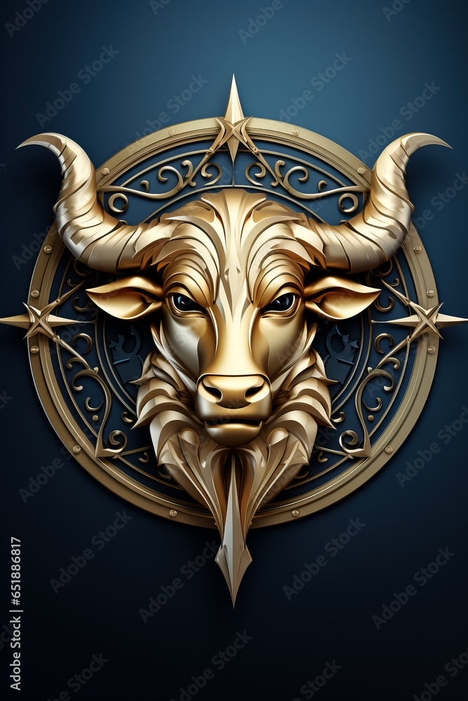 Golden Taurus symbol embossed isolated on a gradient celestial blue background Golden Taurus symbol embossed isolated on a gradient celestial blue background