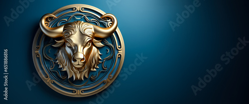 Golden Taurus symbol embossed isolated on a gradient celestial blue background 