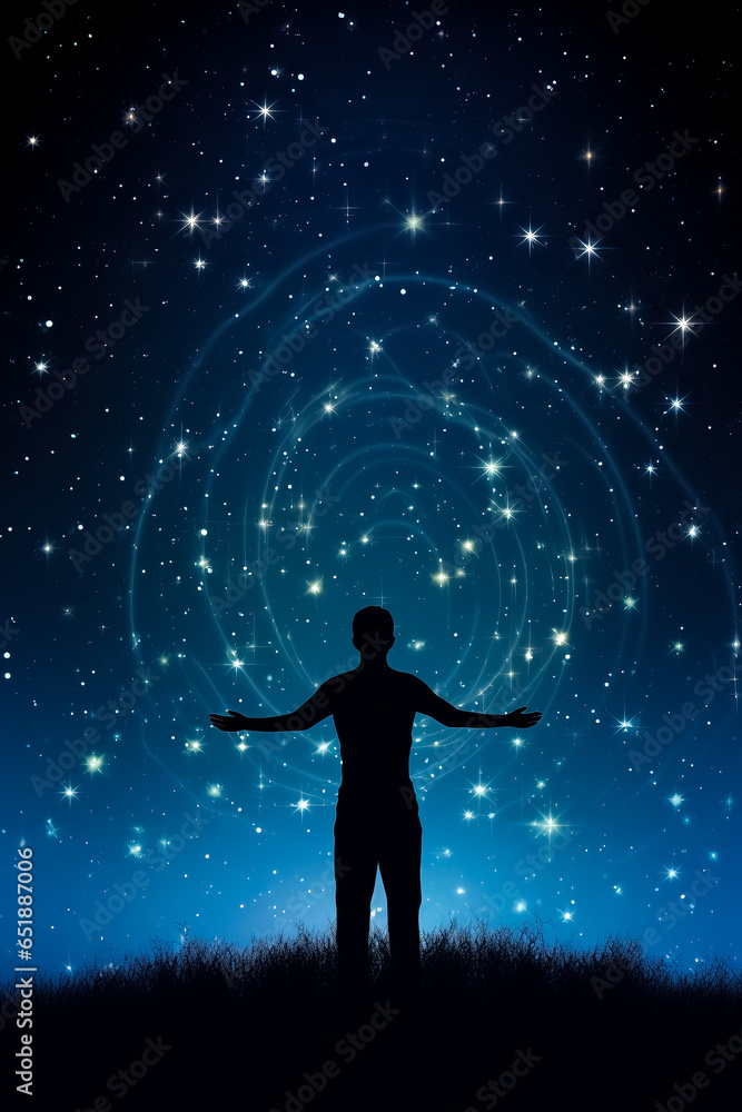 Fototapeta premium Yogic silhouette embodying star constellations isolated on a gradient twilight background 