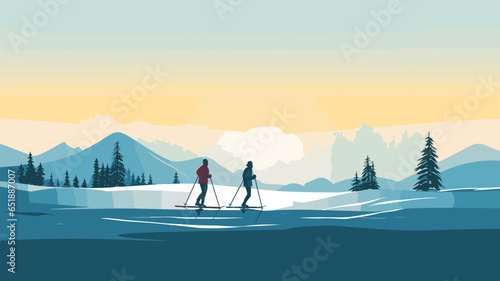 Foto simple vector illustration, copy space, simple colors, 2 persons cross-country skiing