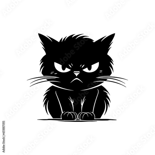 Cute angry black cat. Furious black kitten. Cartoon character isolated