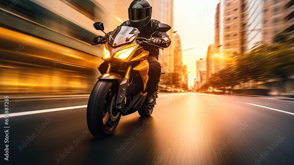 Motorcyclist with helmet at high speed, blurred lights, city road