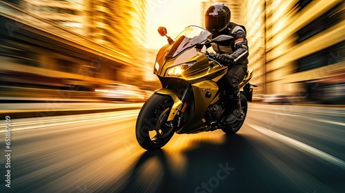 Motorcyclist with helmet at high speed, blurred lights, city road © somchai20162516