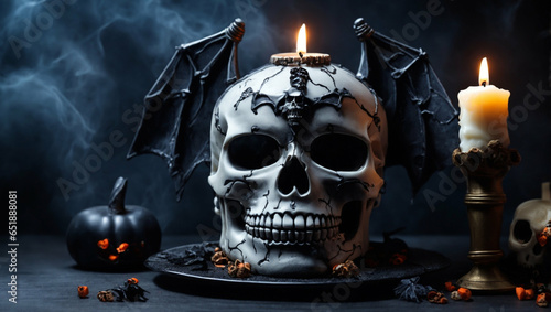 Halloween skull with bat wing, candle light and smoke on black background.