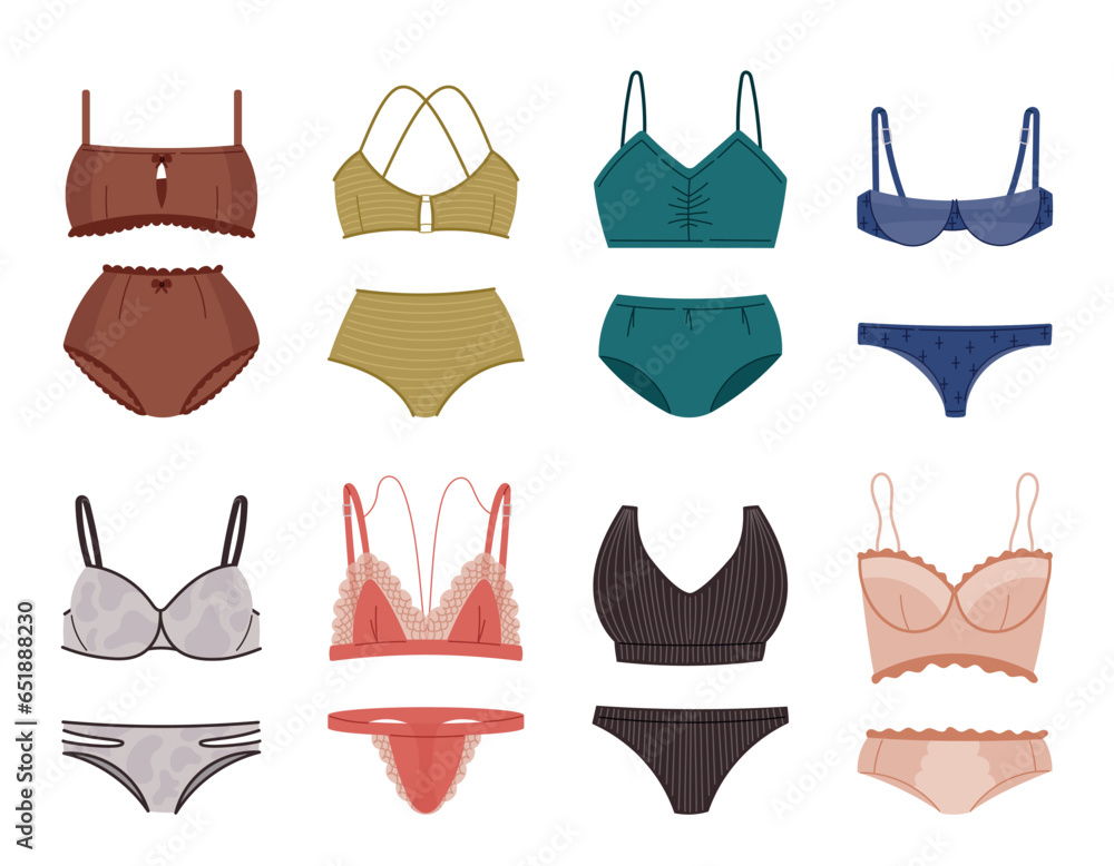 Set of women sexy underwear. Collection of Cartoon feminine bra and panties, two-piece bikini swimsuit. Vector isolated flat illustration - obrazy, fototapety, plakaty 