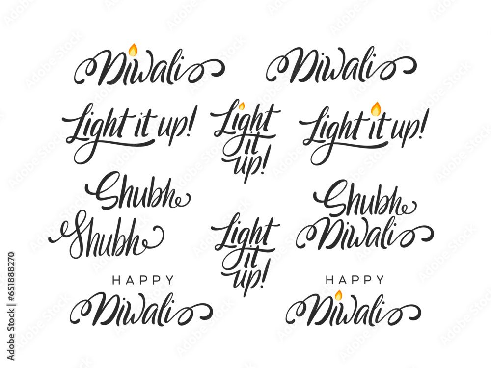 Set of handwritten Diwali lettering. Calligraphic text for Diwali holidays. Vector illustration. Set of handwritten Diwali lettering. Calligraphic text for Diwali holidays. Vector illustration.