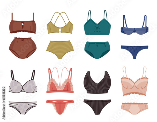 Set of women sexy underwear. Collection of Cartoon feminine bra and panties, two-piece bikini swimsuit. Vector isolated flat illustration