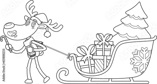 Outlined Funny Reindeer Cartoon Character Pulls A Sleigh With Gift Boxes And A Christmas Tree. Vector Hand Drawn Illustration Isolated On Transparent Background