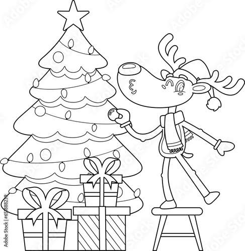 Outlined Holiday Reindeer Cartoon Character Decorate The Christmas Tree. Vector Hand Drawn Illustration Isolated On Transparent Background