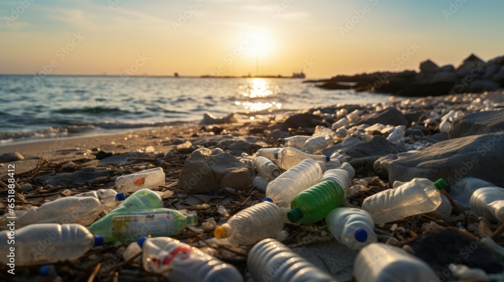 Garbage on the edge of an empty and dirty plastic bottle big city beach environmental pollution ecological problems