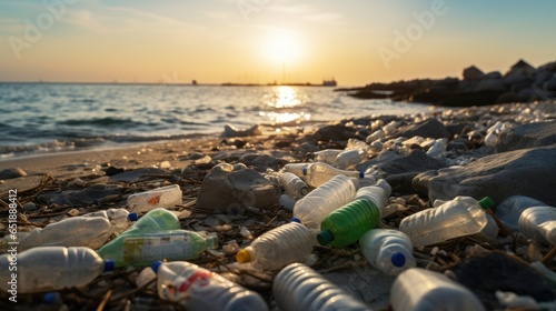 Garbage on the edge of an empty and dirty plastic bottle big city beach environmental pollution ecological problems