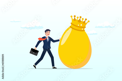 Wealthy businessman with precious golden egg wearing crown, golden egg investment, precious retirement pension fund, wealth or saving, 401k or IRA, prosperity or valuable asset (Vector)