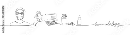 Dermatology set. Medical gloves, tablets, capsules, massage oil, doctor one line color art. Continuous line drawing of medical, pharmacy, therapy with an inscription, lettering, handwritten.