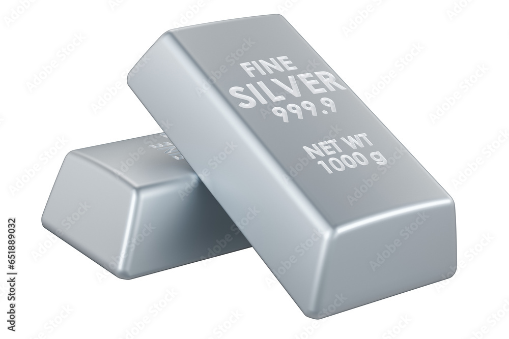 Silver bars, silver ingots. 3D rendering isolated on transparent background Silver bars, silver ingots. 3D rendering isolated on transparent background
