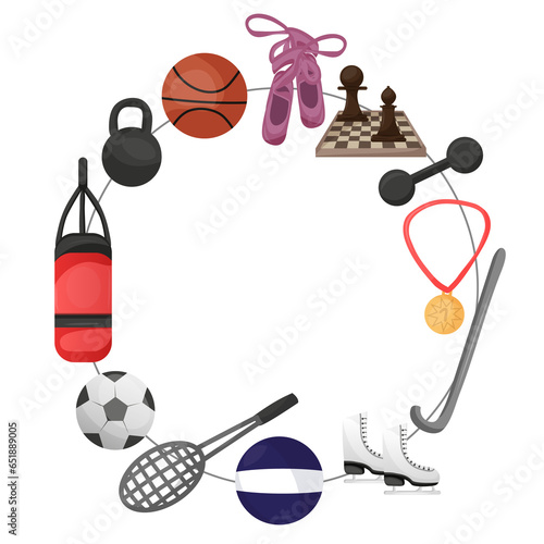 Sport equipment wreath illustration, graphic sport activities elements clipart