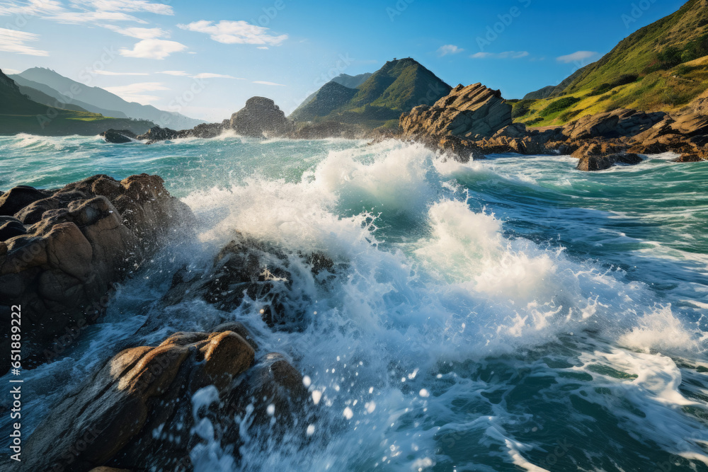 Ocean waves crash onto the shore forming breaks of water 