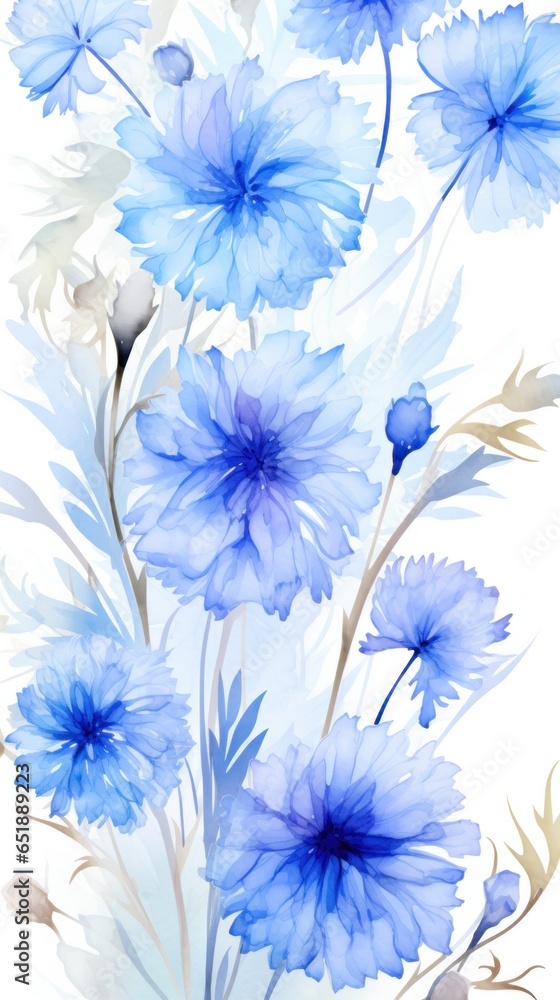 Backgrounds and backdrops for the design of mobile phone presentations or instagram stories: Cornflower pattern on a white background in watercolor style