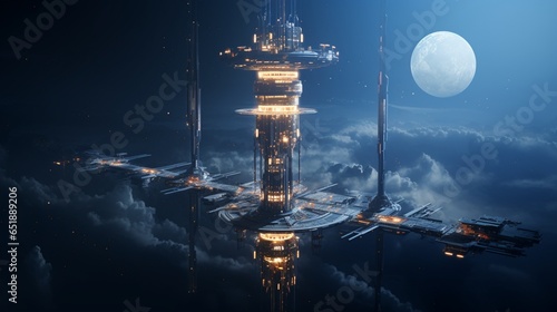 a space elevator connecting Earth to a space station, representing a futuristic approach to space travel and exploration