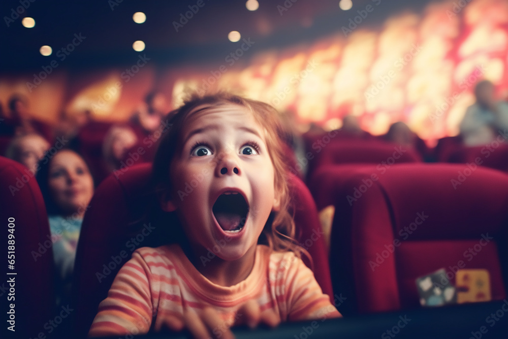 A kid exciting face in the movie theater or stage play. - obrazy, fototapety, plakaty 