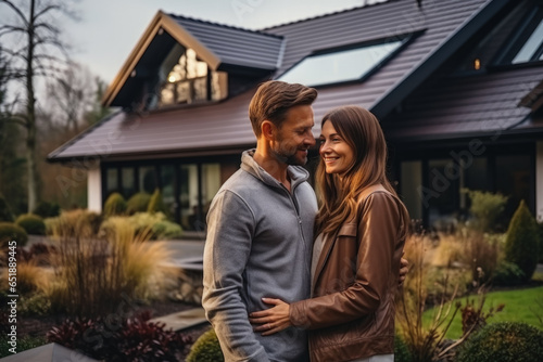 Young couple standing and looking at modern house with solar panels on roof 